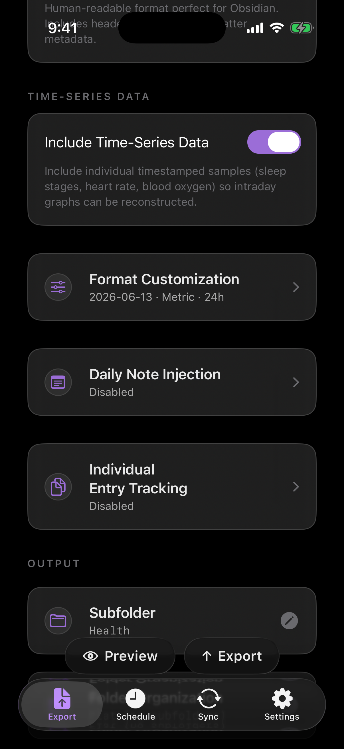Health.md settings showing time-series data, format customization, daily note injection, and output options