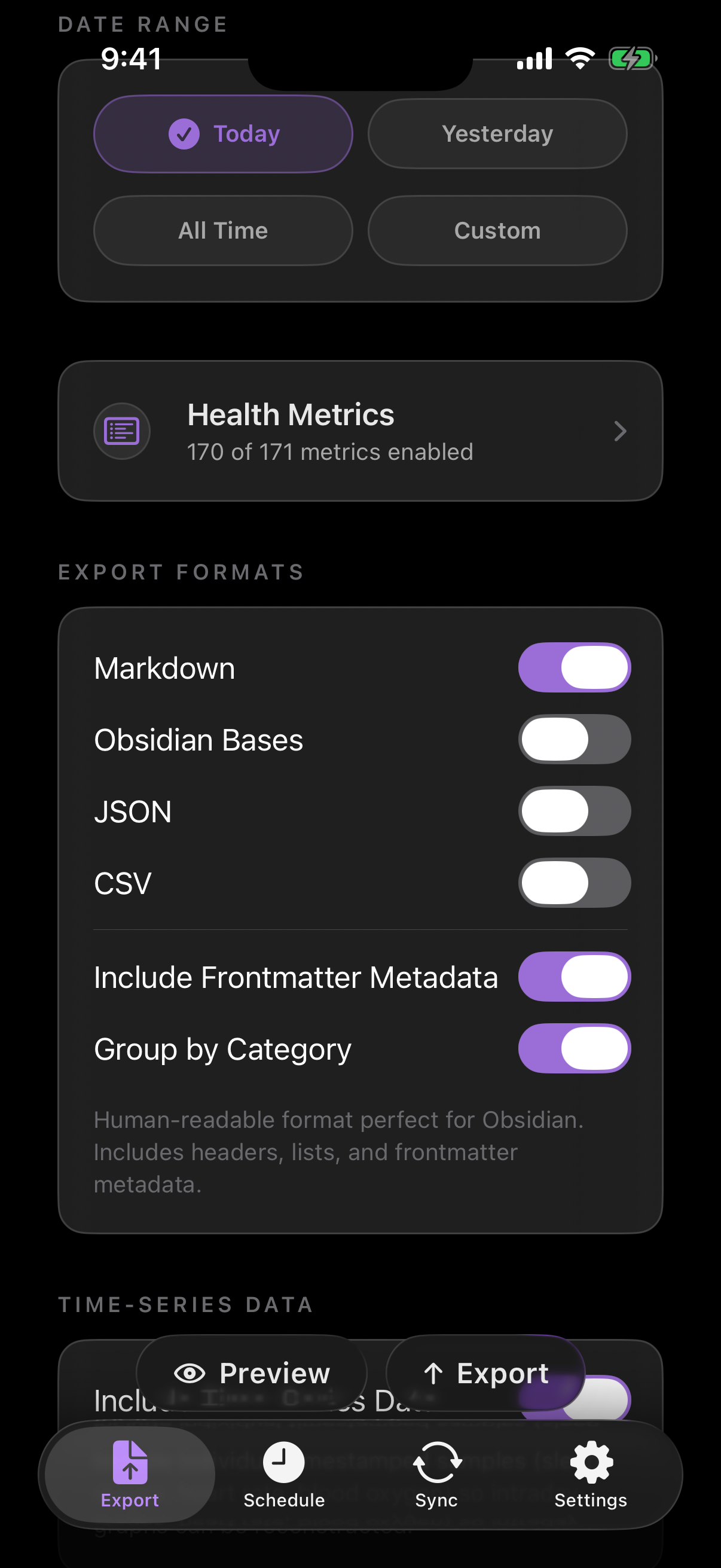 Health.md export formats screen showing Markdown, Obsidian Bases, JSON, CSV, frontmatter, and category grouping options