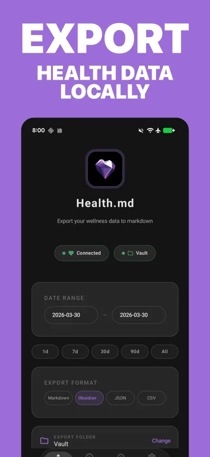 Health.md Android export screen showing date range, export formats, and a vault folder selector.