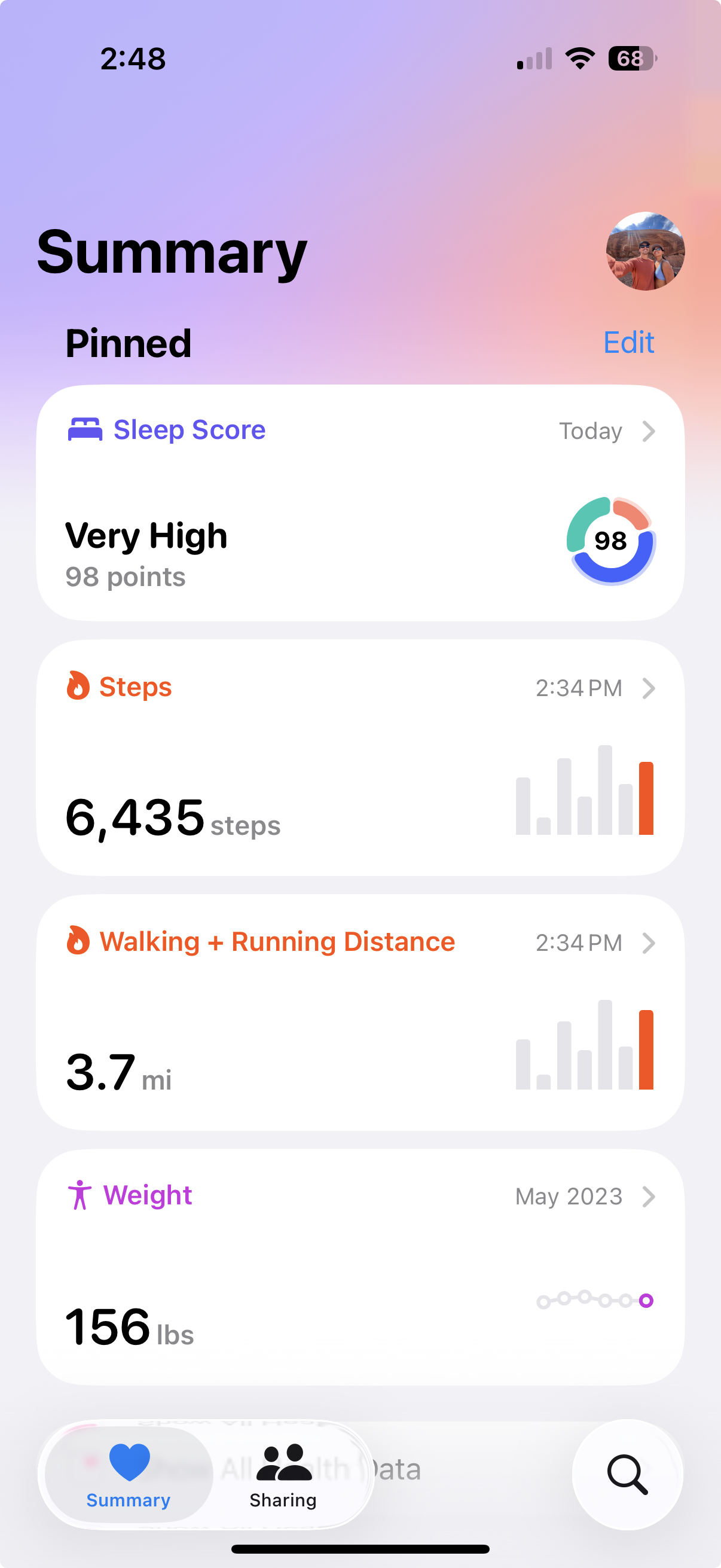 Resumen de Apple Health con puntuación de sueño, pasos, distancia a pie y peso