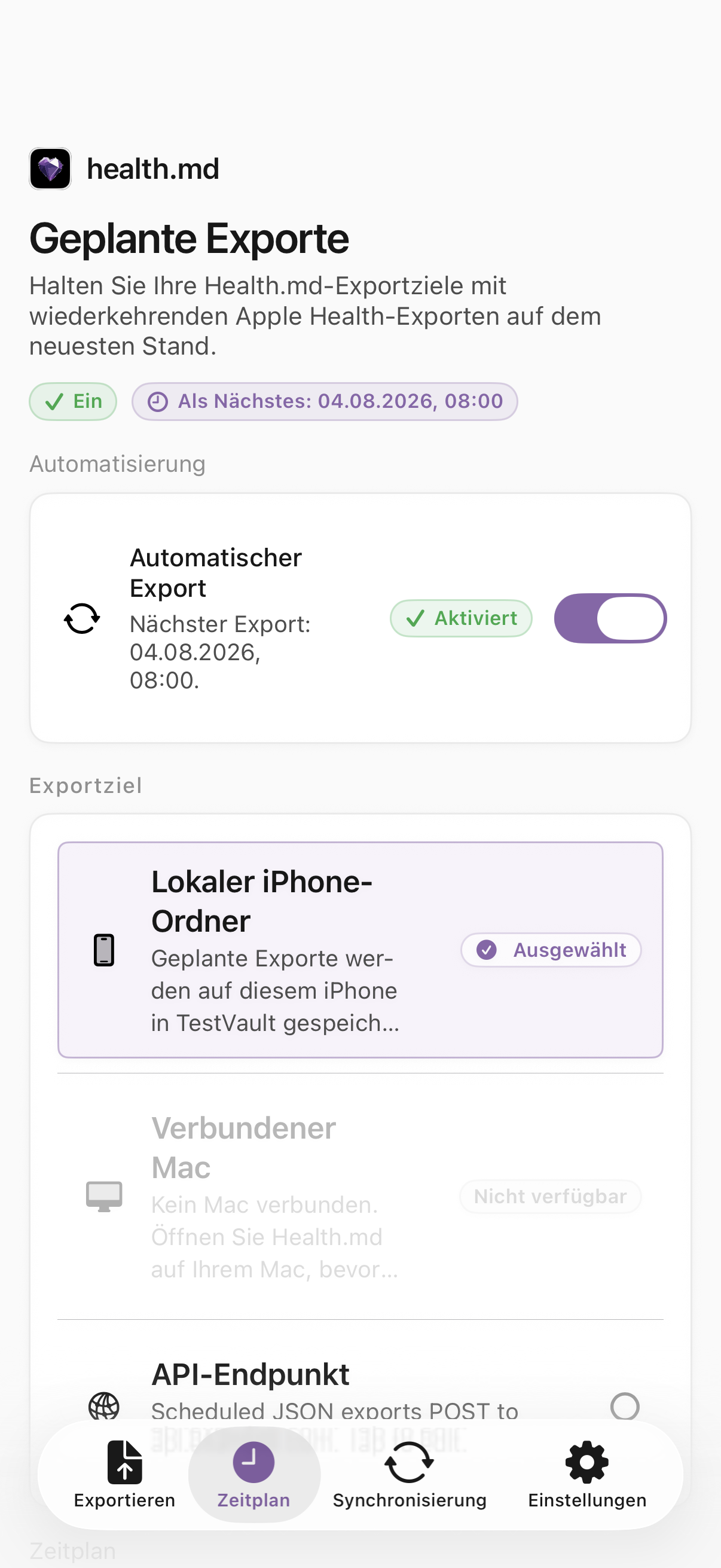 Bildschirm „Geplante Exporte“ in Health.md mit aktiviertem automatischem Export und ausgewähltem lokalen iPhone-Ordner