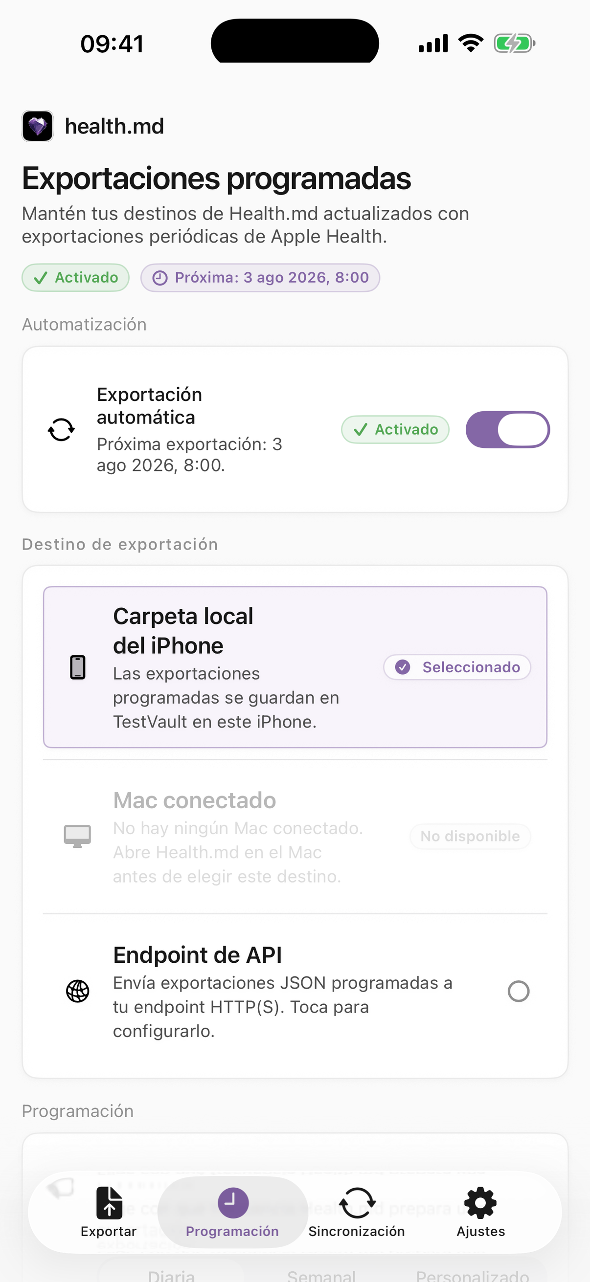 Pantalla Exportaciones programadas de Health.md con la exportación automática activada y una carpeta local del iPhone seleccionada