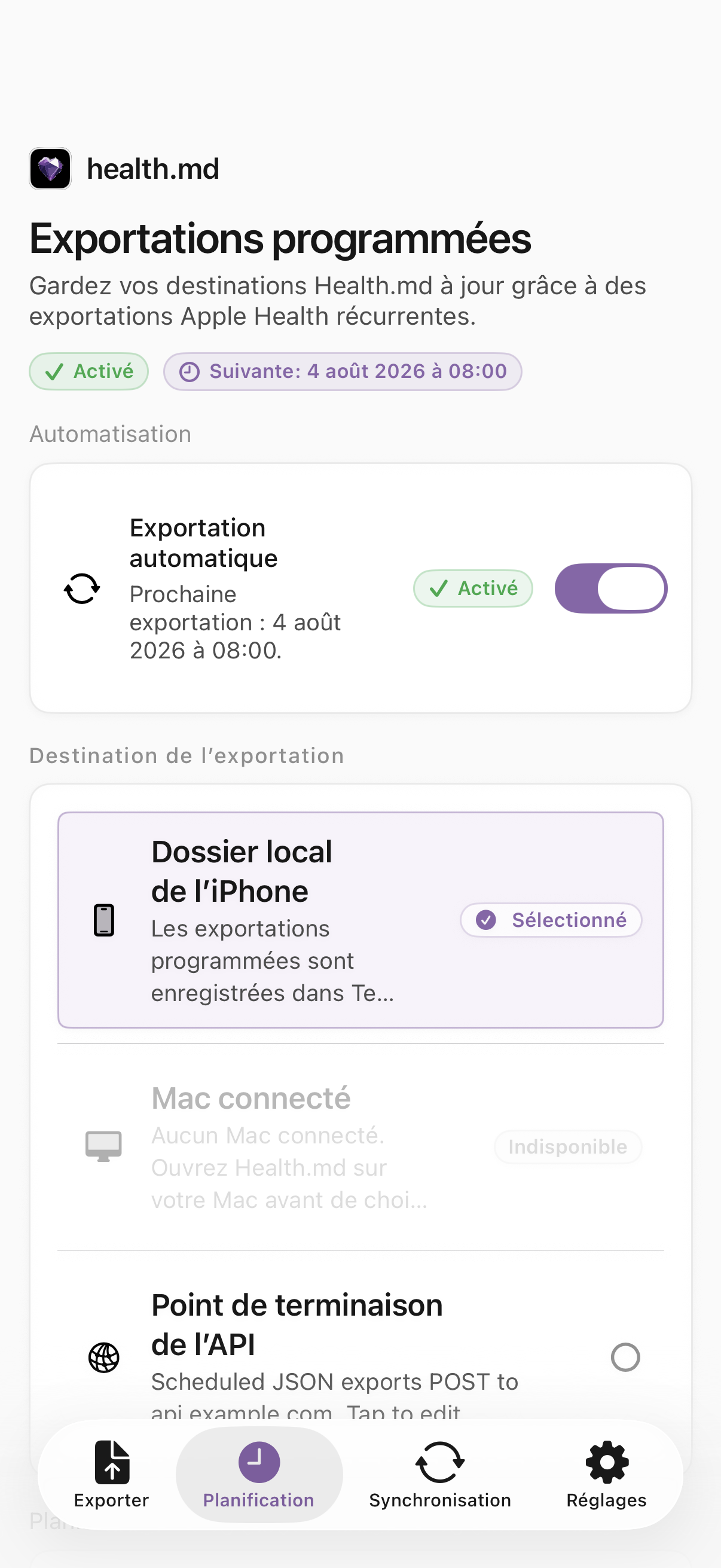 Écran Exports planifiés de Health.md avec l’export automatique activé et un dossier local de l’iPhone sélectionné