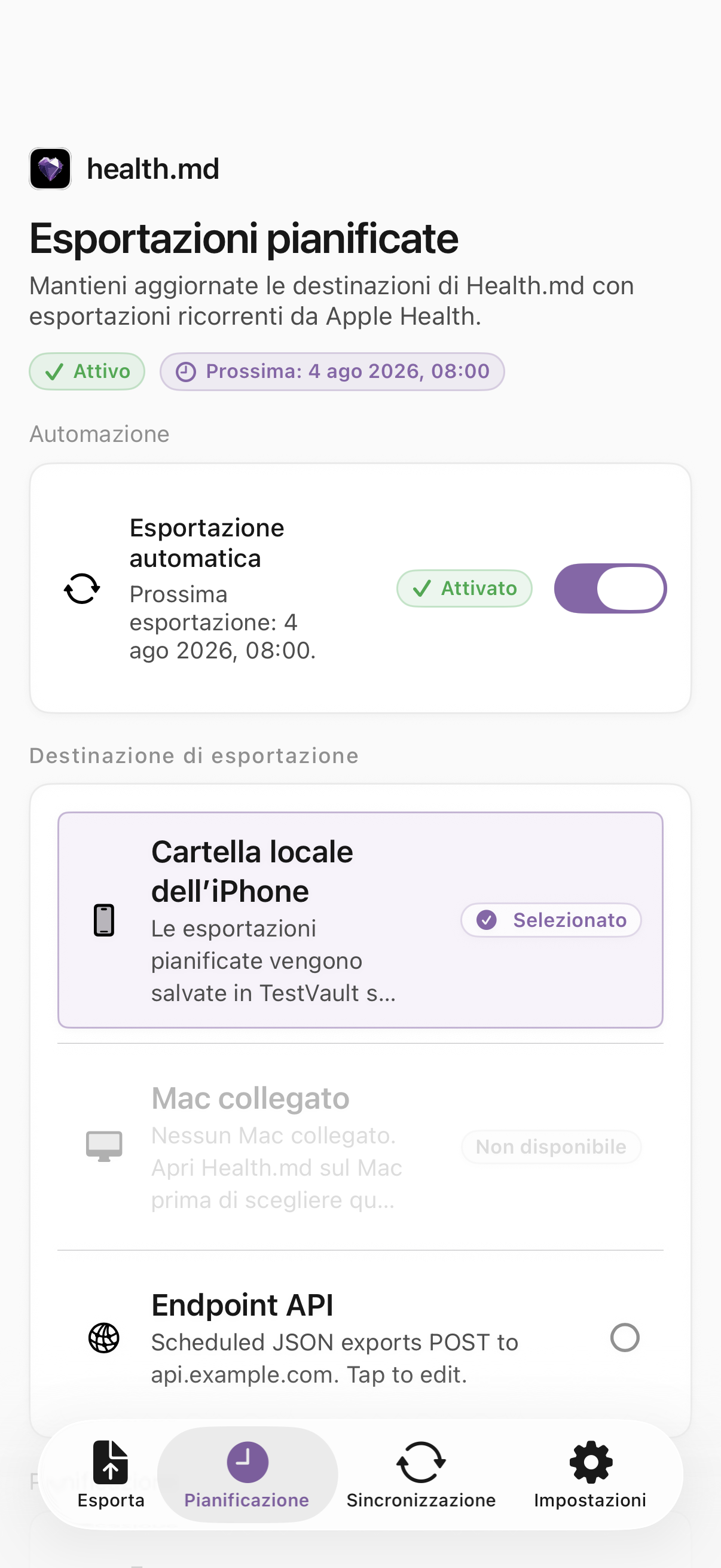Schermata Esportazioni programmate di Health.md con esportazione automatica attiva e una cartella locale dell’iPhone selezionata