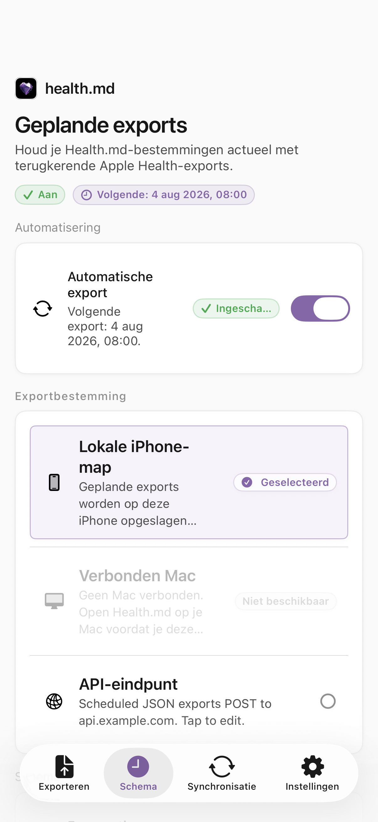 Scherm Geplande exports van Health.md met automatische export ingeschakeld en een lokale iPhone-map geselecteerd