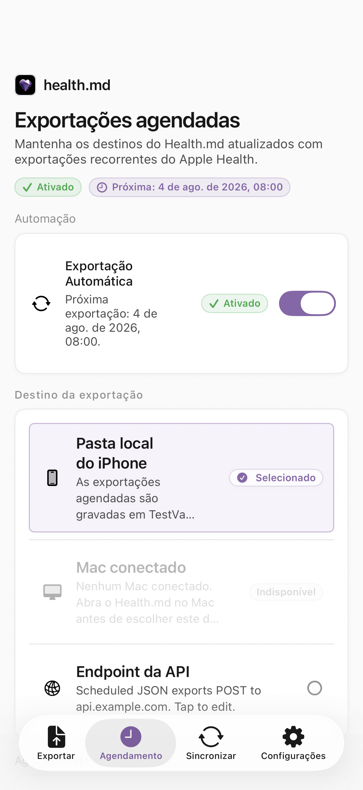 Tela Exportações Agendadas do Health.md com exportação automática ativada e uma pasta local do iPhone selecionada