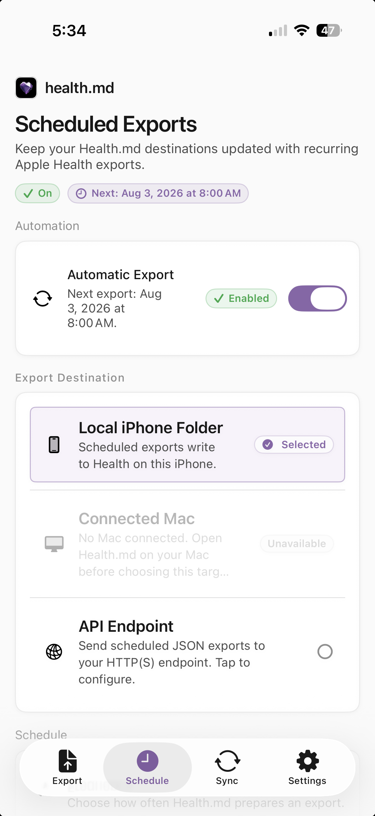Health.md Scheduled Exports screen with automatic export enabled and a local iPhone folder selected