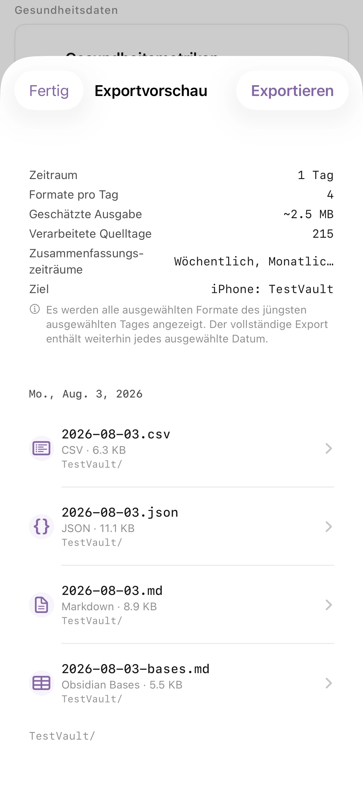 Health.md-Exportvorschau mit Schätzung für einen eintägigen Markdown-Export, Roll-up-Zeiträumen, Ziel und generiertem Dateinamen.