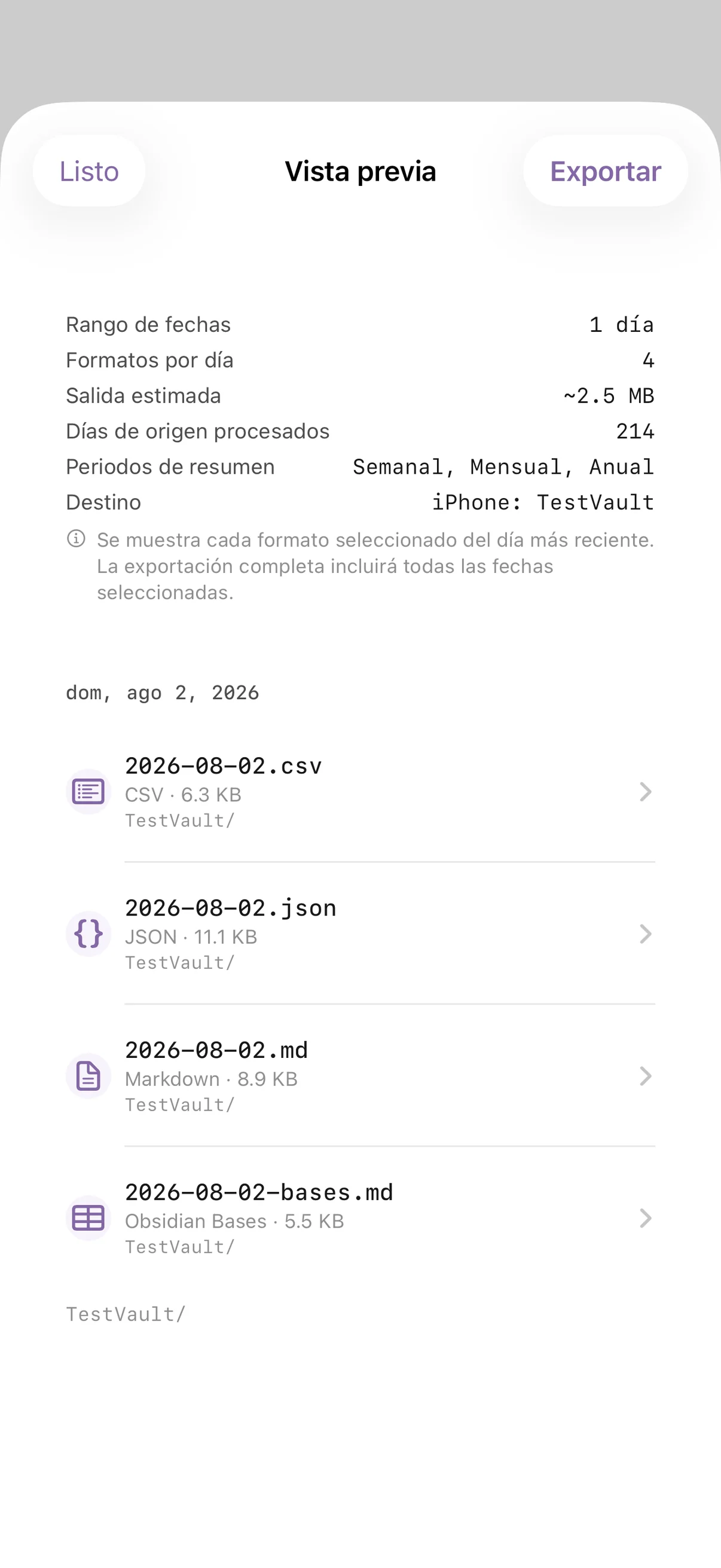 Vista previa de exportación de Health.md con la estimación de una exportación Markdown de un día, períodos acumulados, el destino y el nombre de archivo generado.