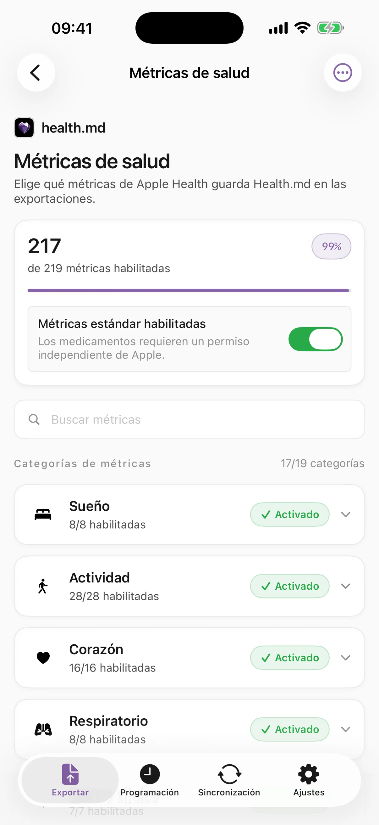 Pantalla actual de Métricas de salud con 217 de 219 métricas habilitadas, el interruptor de métricas estándar activado, el campo de búsqueda y las categorías desplegables Sueño, Actividad y Corazón.