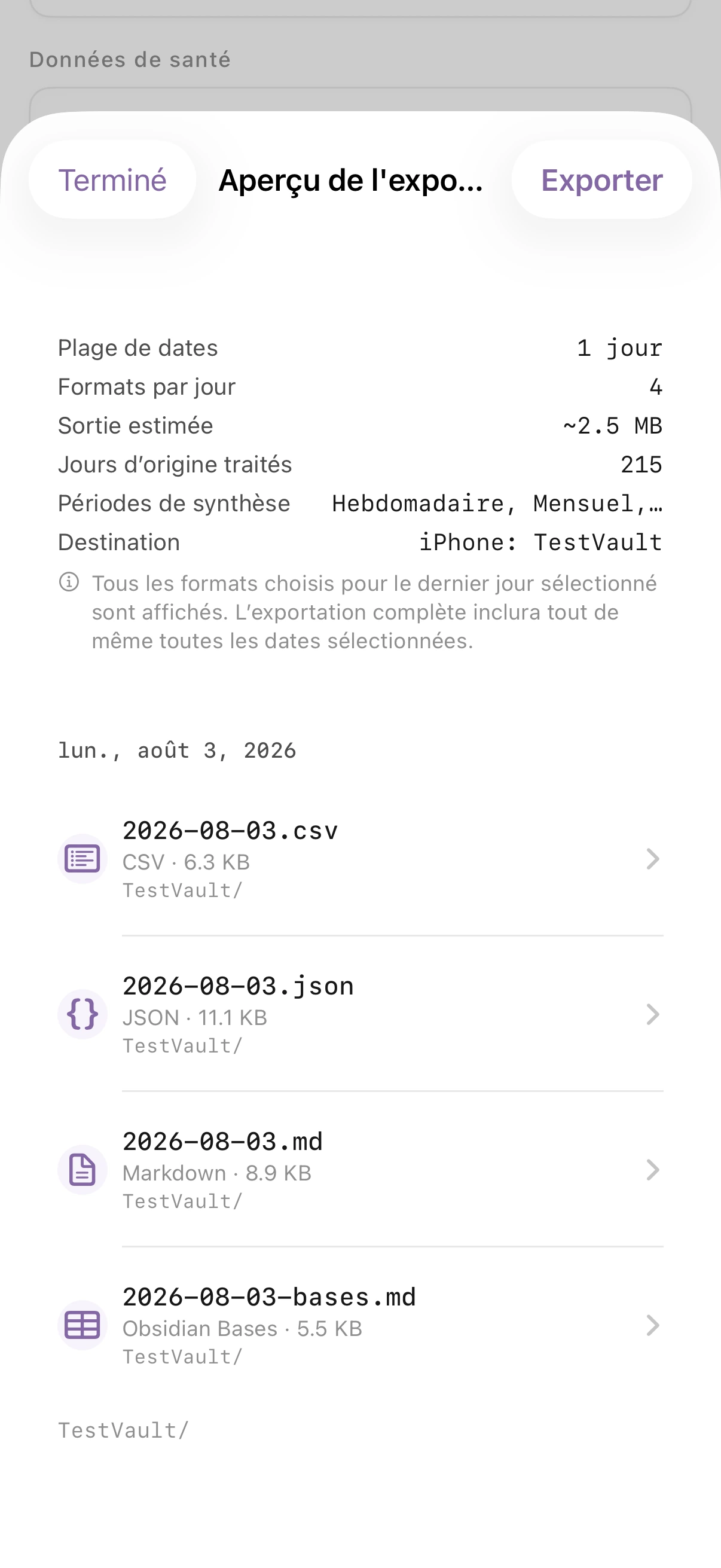 Aperçu de l’export Health.md affichant l’estimation d’un export Markdown sur une journée, les périodes récapitulatives, la destination et le nom de fichier généré.