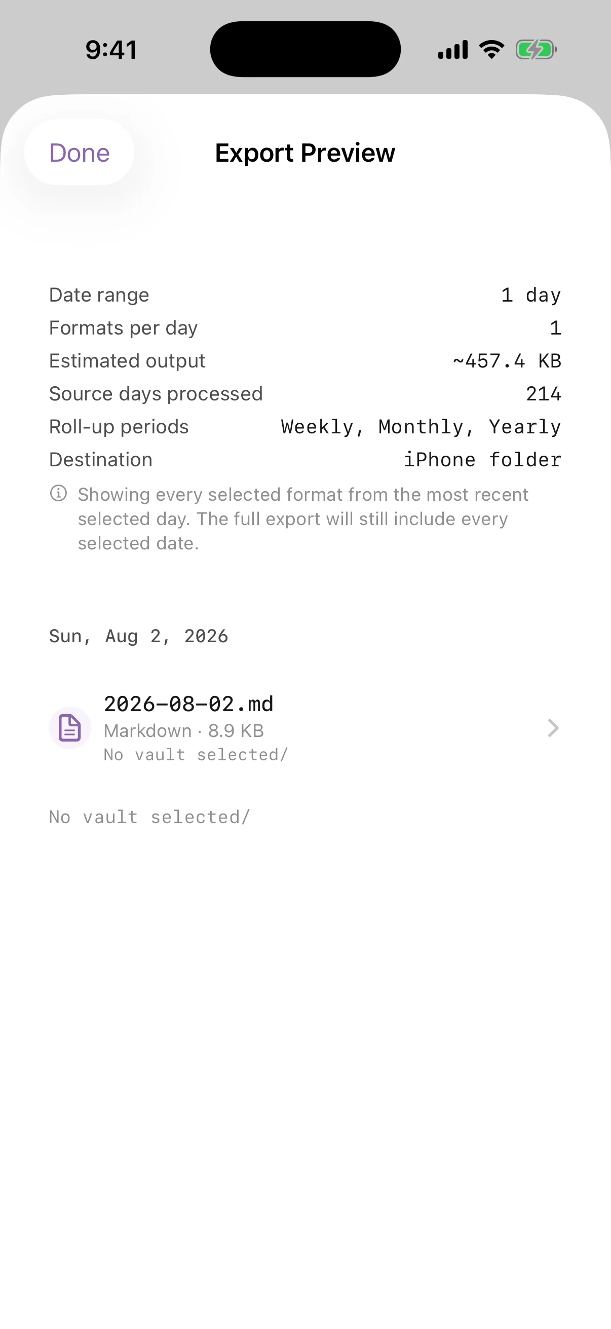Health.md Export Preview showing a one-day Markdown export estimate, roll-up periods, destination, and generated filename.