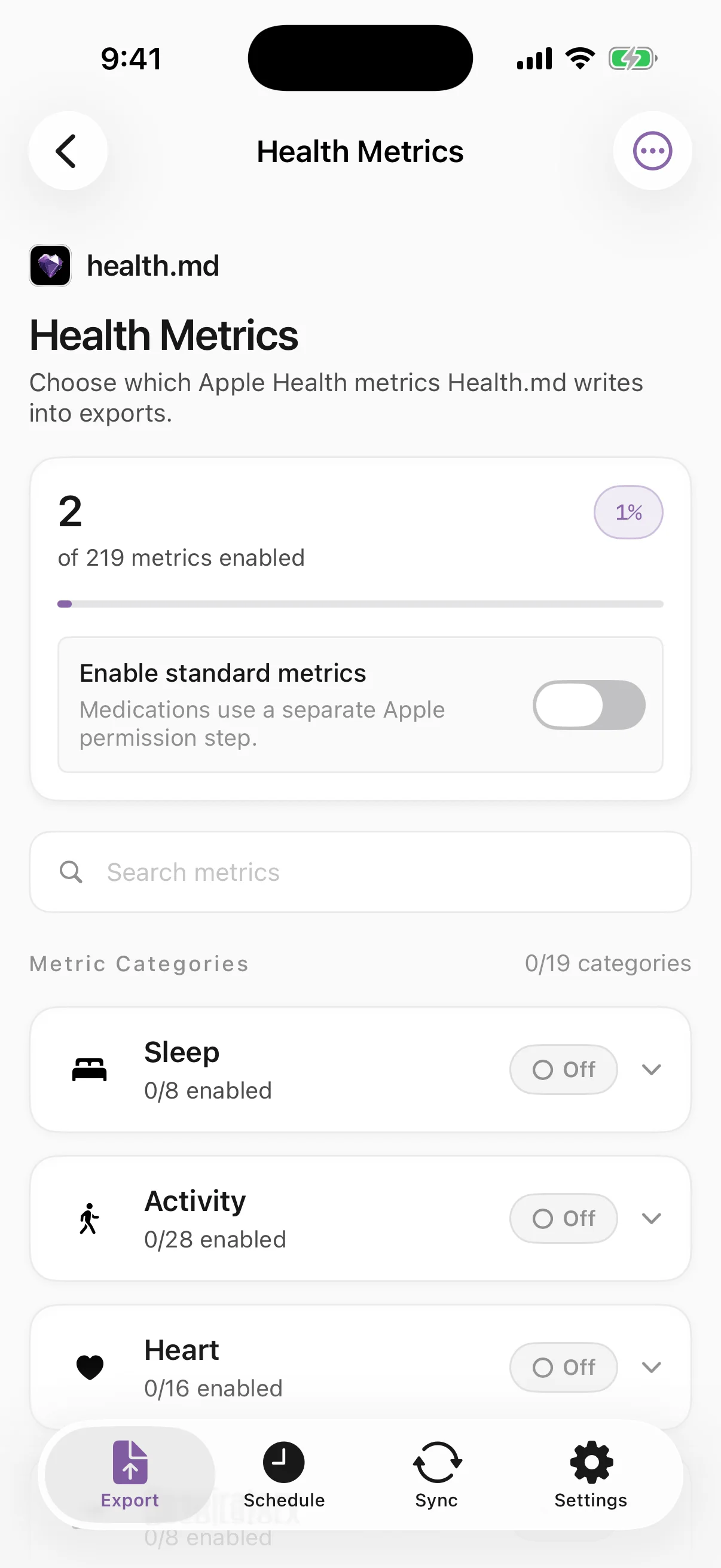 Current Health Metrics screen with an enabled metric count, standard metrics switch, search field, and expandable Sleep, Activity, and Heart categories.