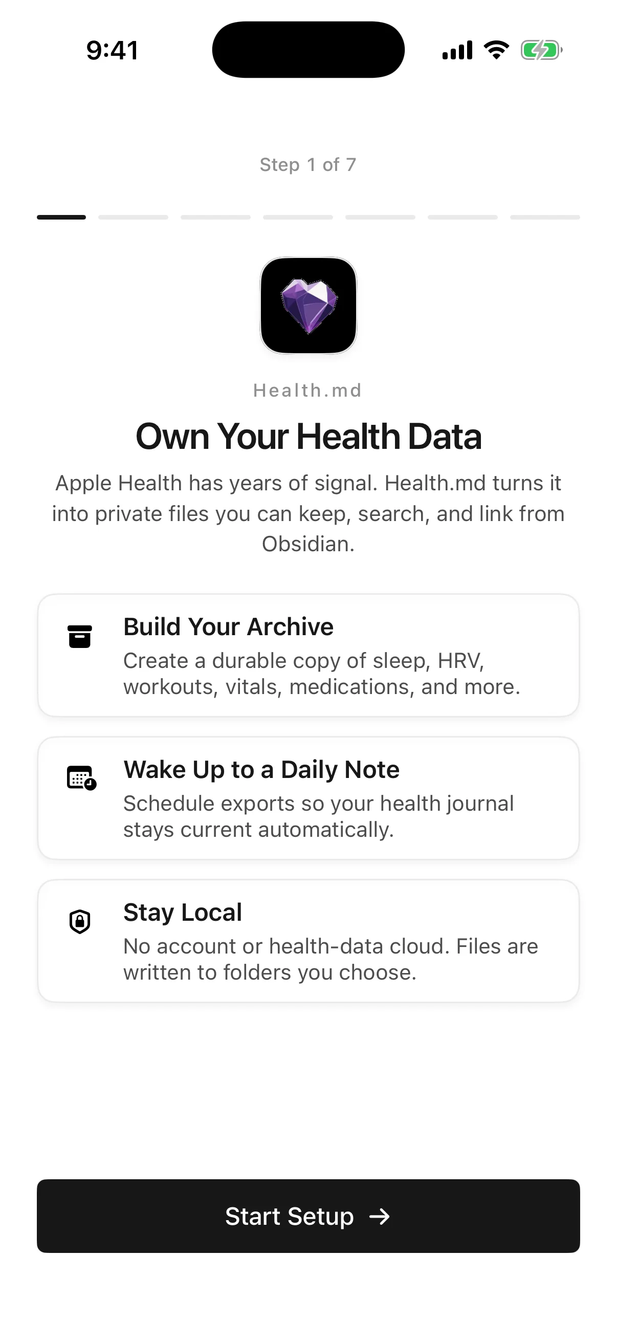 Pantalla de bienvenida de la introducción de Health.md, en el paso 1 de 7, con el botón Start Setup.