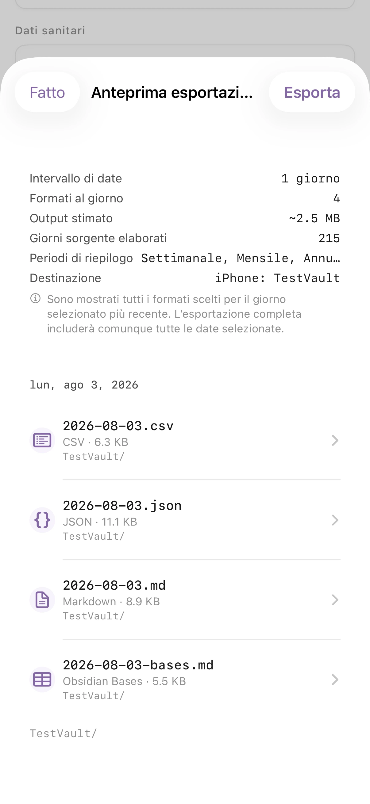 Anteprima esportazione di Health.md che mostra la stima di un’esportazione Markdown di un giorno, i periodi di riepilogo, la destinazione e il nome file generato.