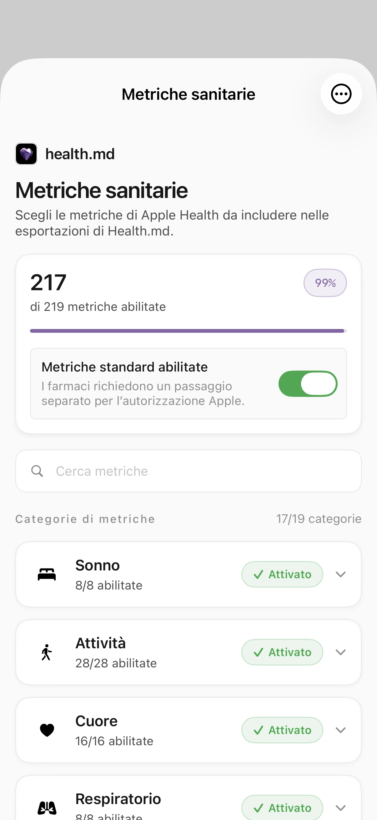 Schermata Metriche sanitarie con 217 metriche abilitate su 219, l’interruttore delle metriche standard attivo, il campo di ricerca e le categorie espandibili Sonno, Attività e Cuore.