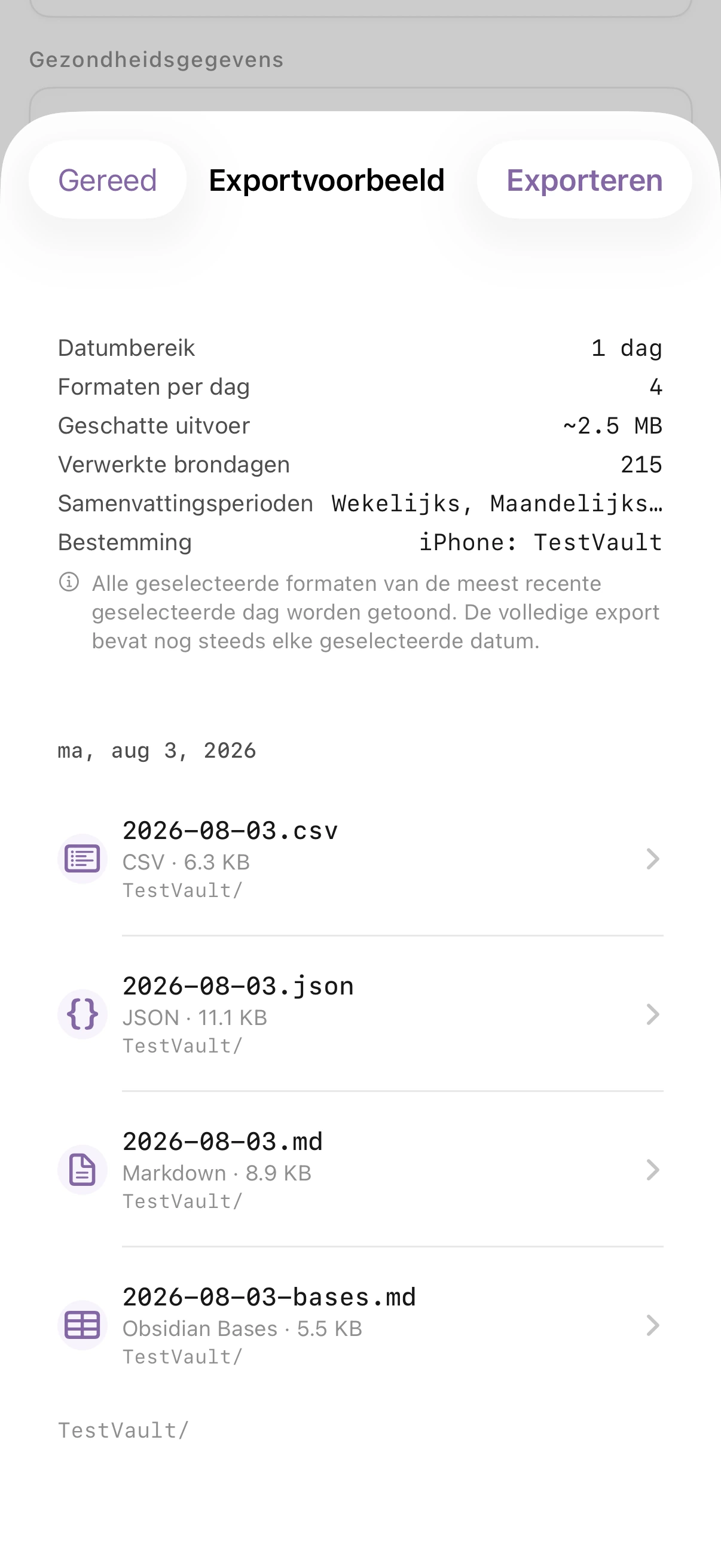 Nederlandstalig Health.md-exportvoorbeeld met een schatting voor een Markdown-export van één dag, samenvattingsperioden, bestemming en gegenereerde bestandsnaam.