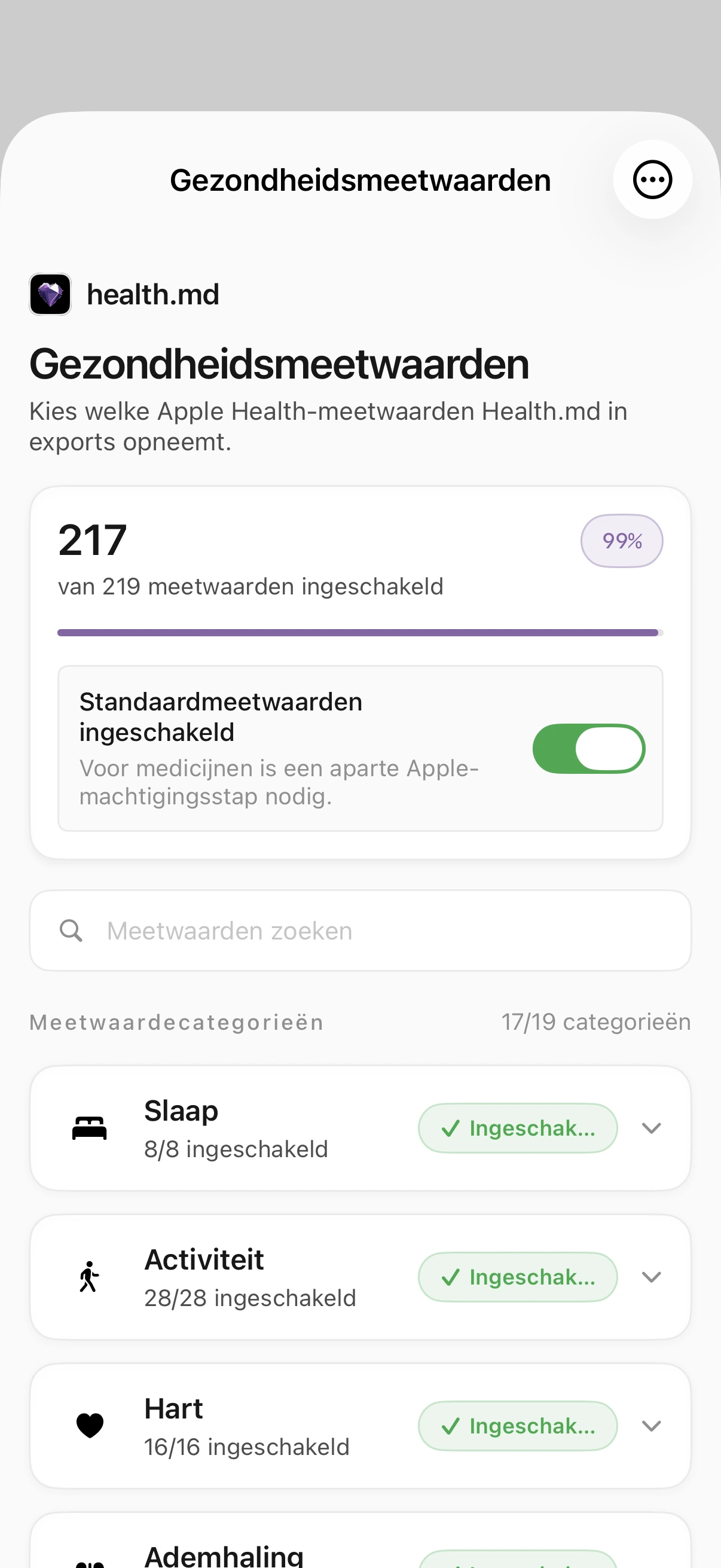 Nederlandstalig scherm Gezondheidsmeetwaarden met 217 van 219 ingeschakelde meetwaarden, ingeschakelde standaardmeetwaarden, een zoekveld en uitvouwbare categorieën voor slaap, activiteit en hart.