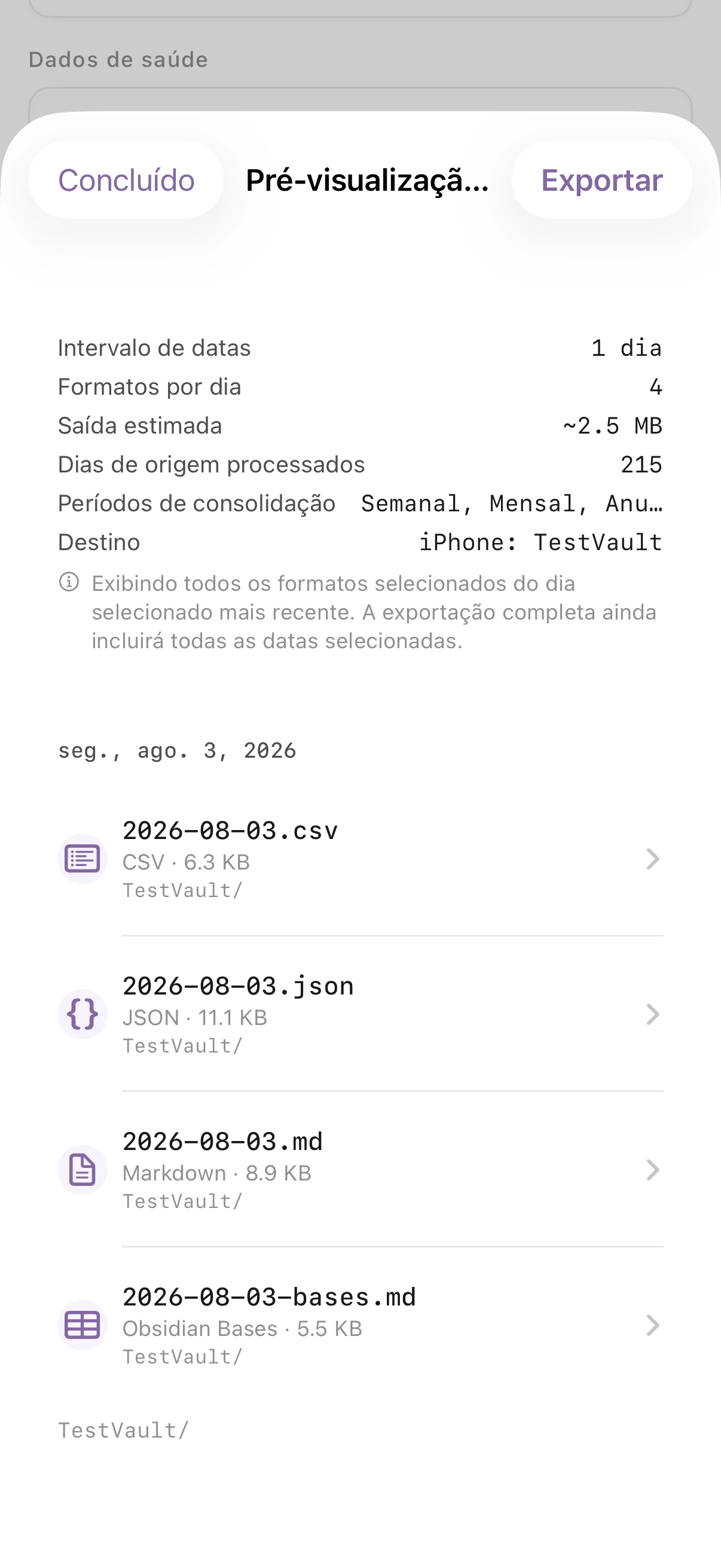Pré-visualização da Exportação do Health.md mostrando uma estimativa de exportação Markdown de um dia, períodos de consolidação, destino e nome do arquivo gerado.